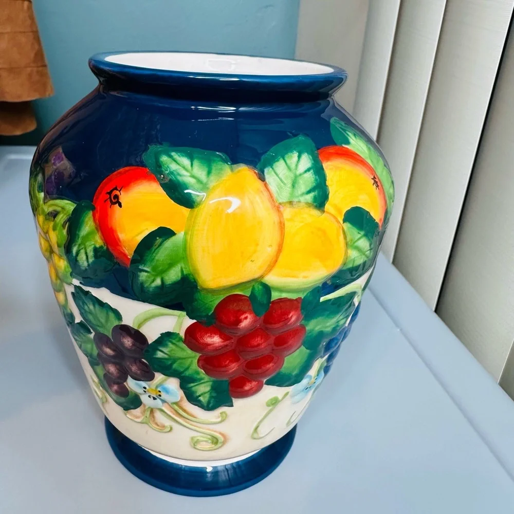 Vintage Nonnis Biscotti Cookie Jar Blue Hand Painted Tuscany Fruit flower Vase
